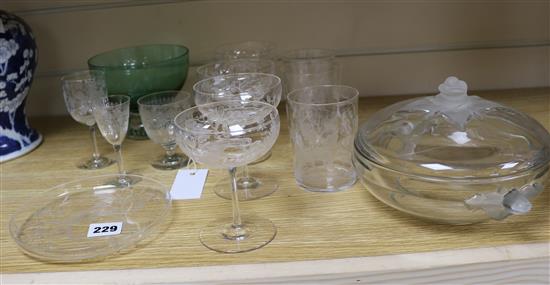 A group of etched glasses